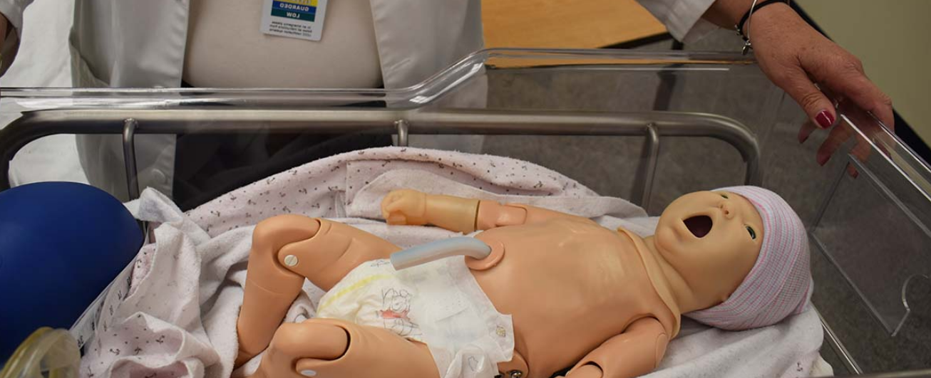 An infant manikin is in a clear hospital bed.